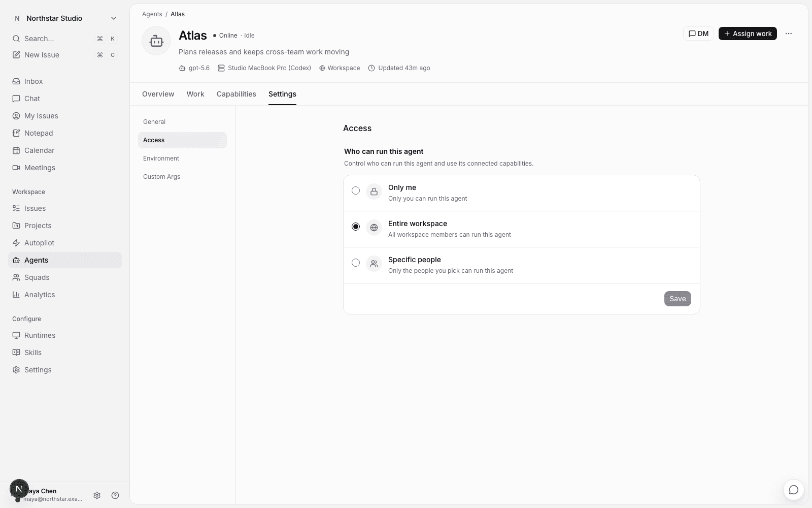 Access settings: Only me, Entire workspace, Specific people