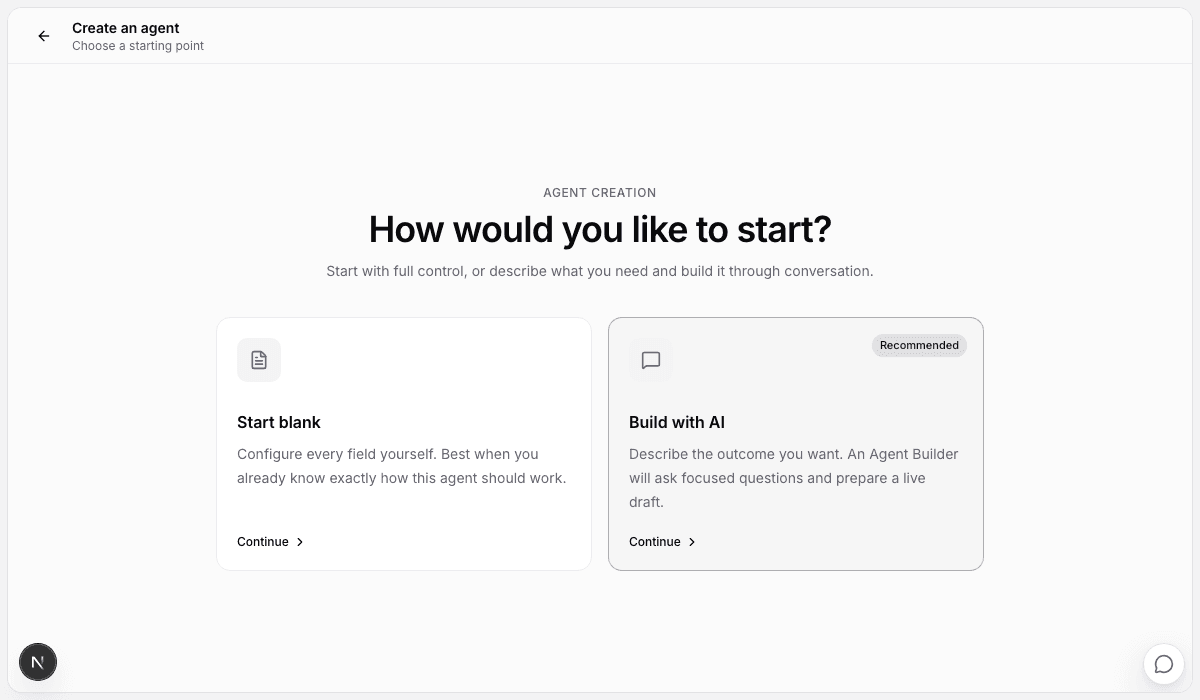 Agent creation starting points: Start blank and Build with AI