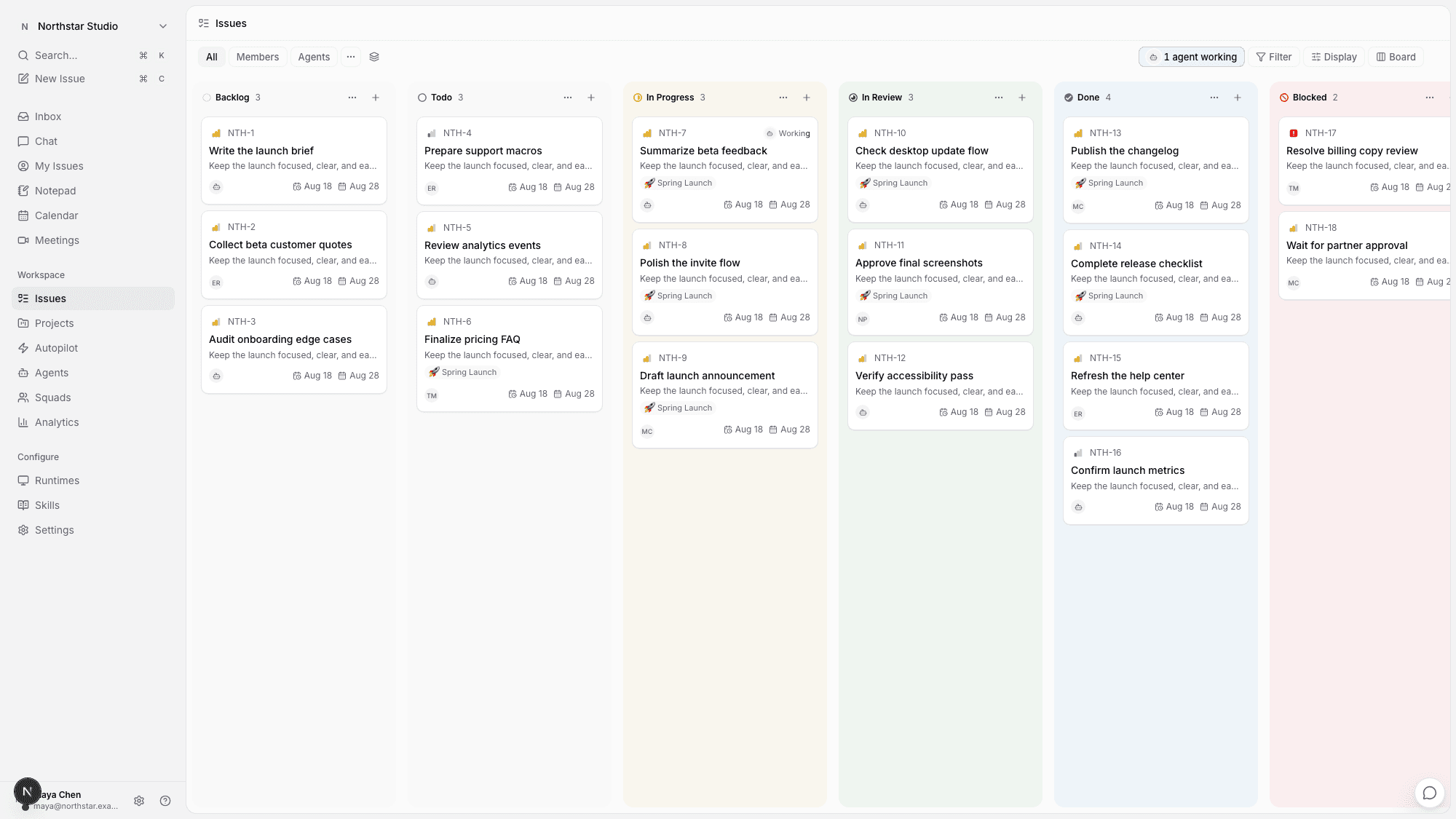 Workspace board: human members and multiple agents driving work forward together