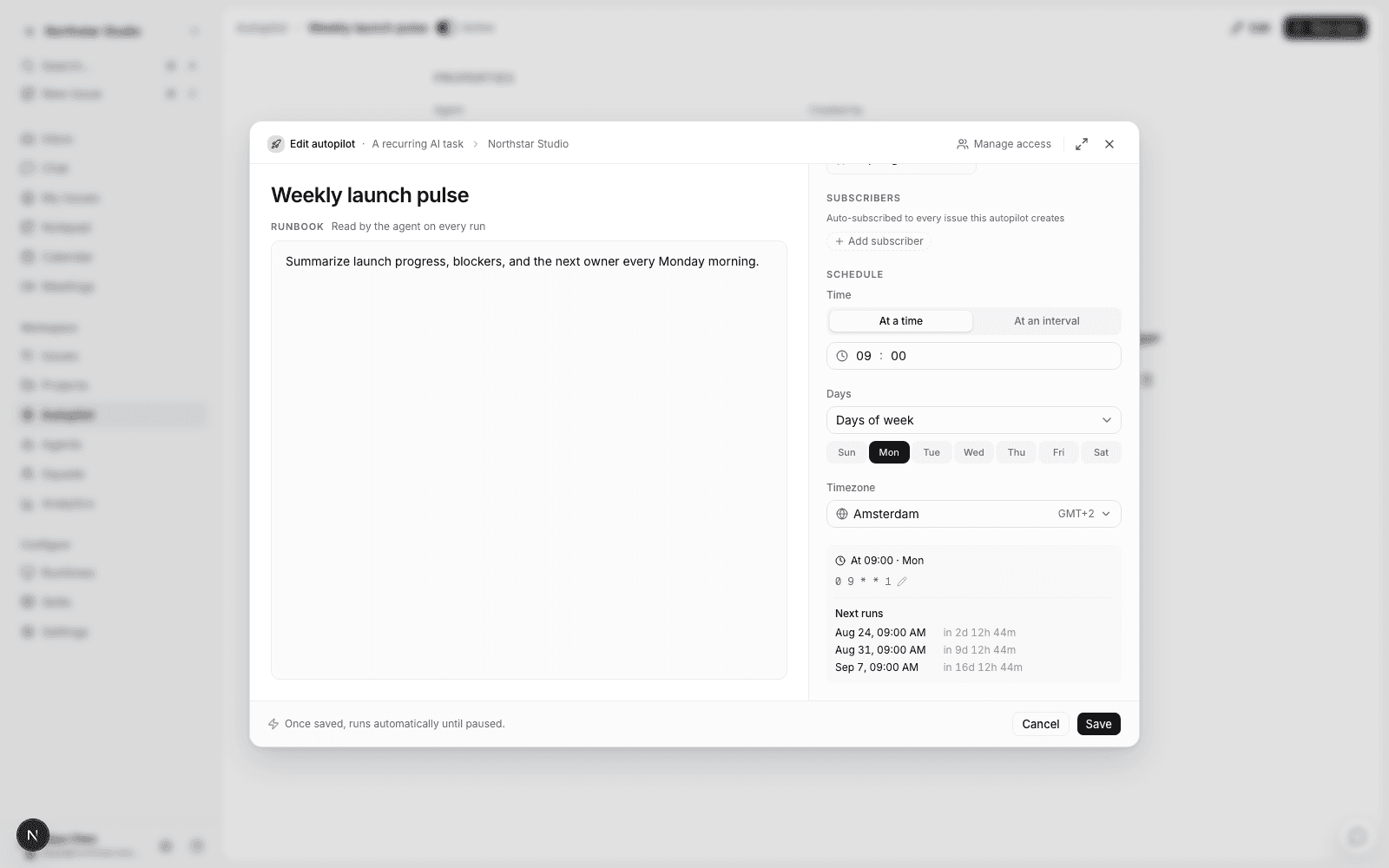 The autopilot editor: Runbook, schedule settings, and a preview of the next few runs