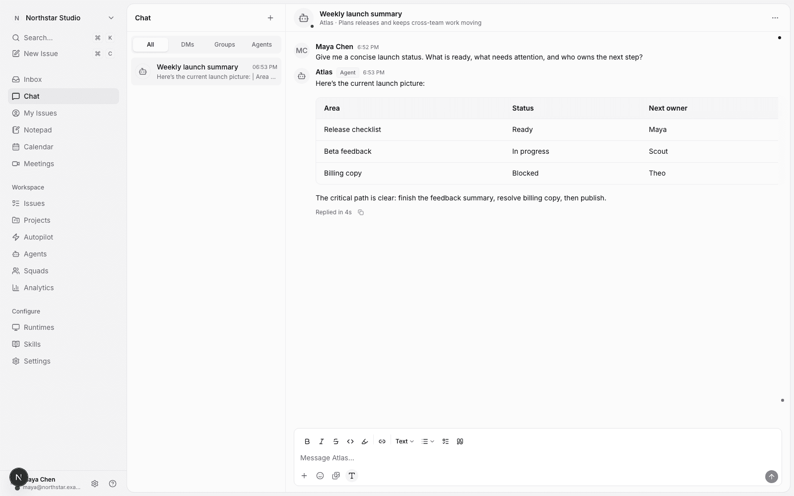 A chat with an agent: a question answered with the result organized into a table