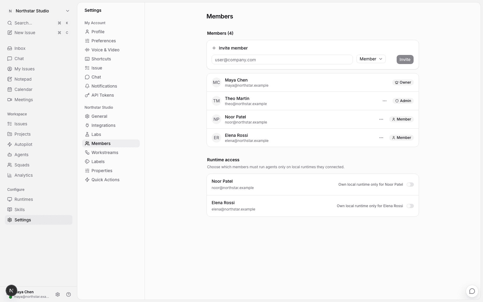 Member management: the invite form and the roster with roles