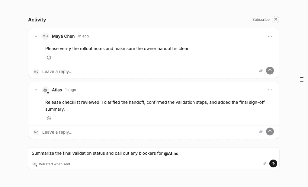 Trigger preview before sending: Atlas will start working once the comment is sent
