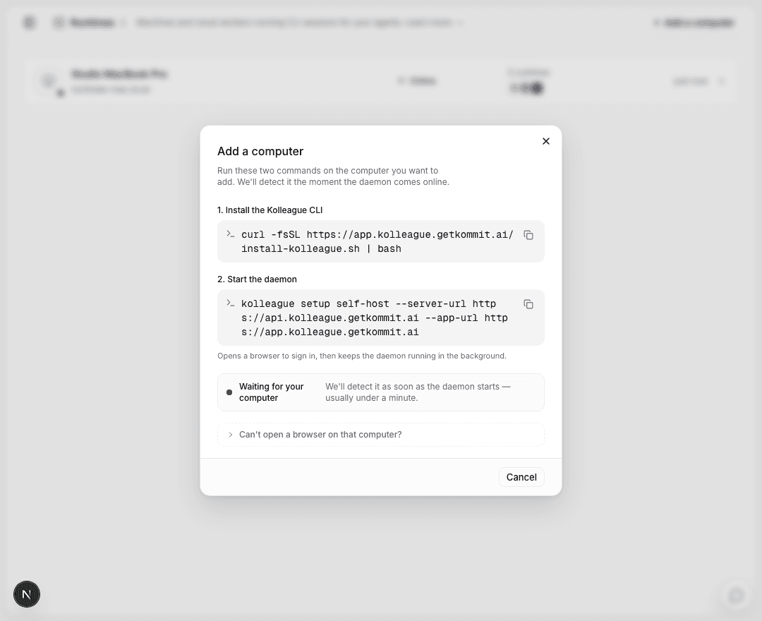 Add a computer dialog: two commands and the waiting-for-detection notice