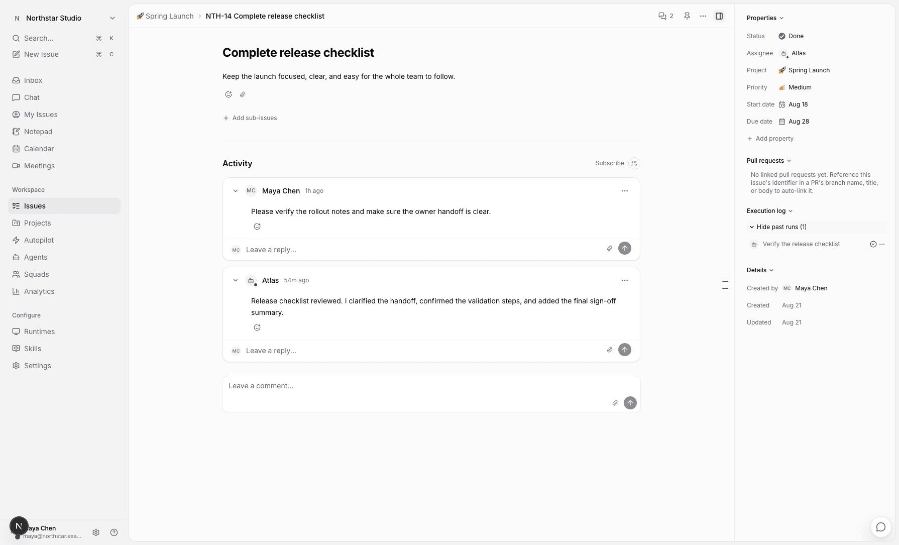 Issue detail: description, discussion, properties on the right, and the execution log