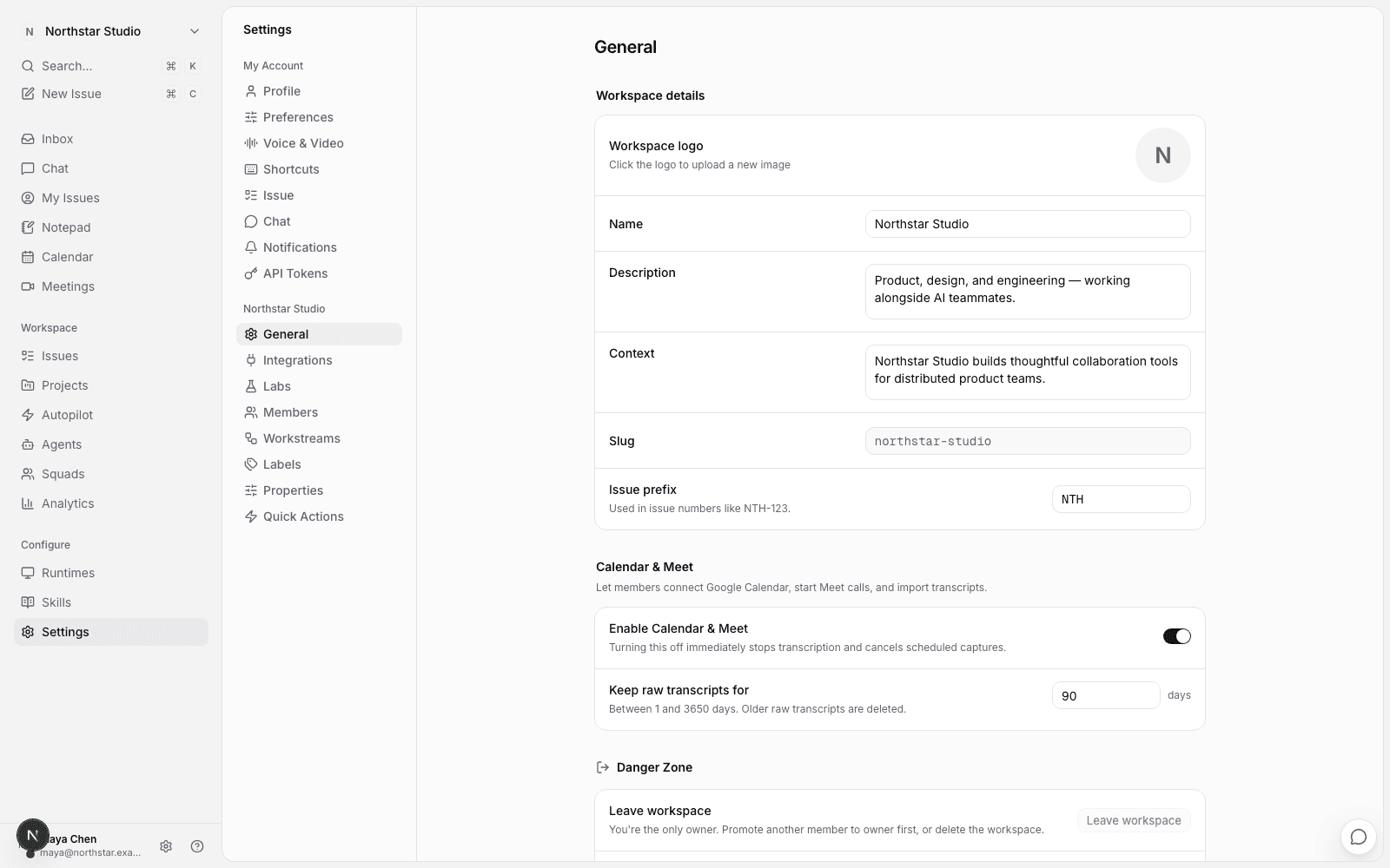Workspace settings: name, context, slug, issue prefix, and the danger zone